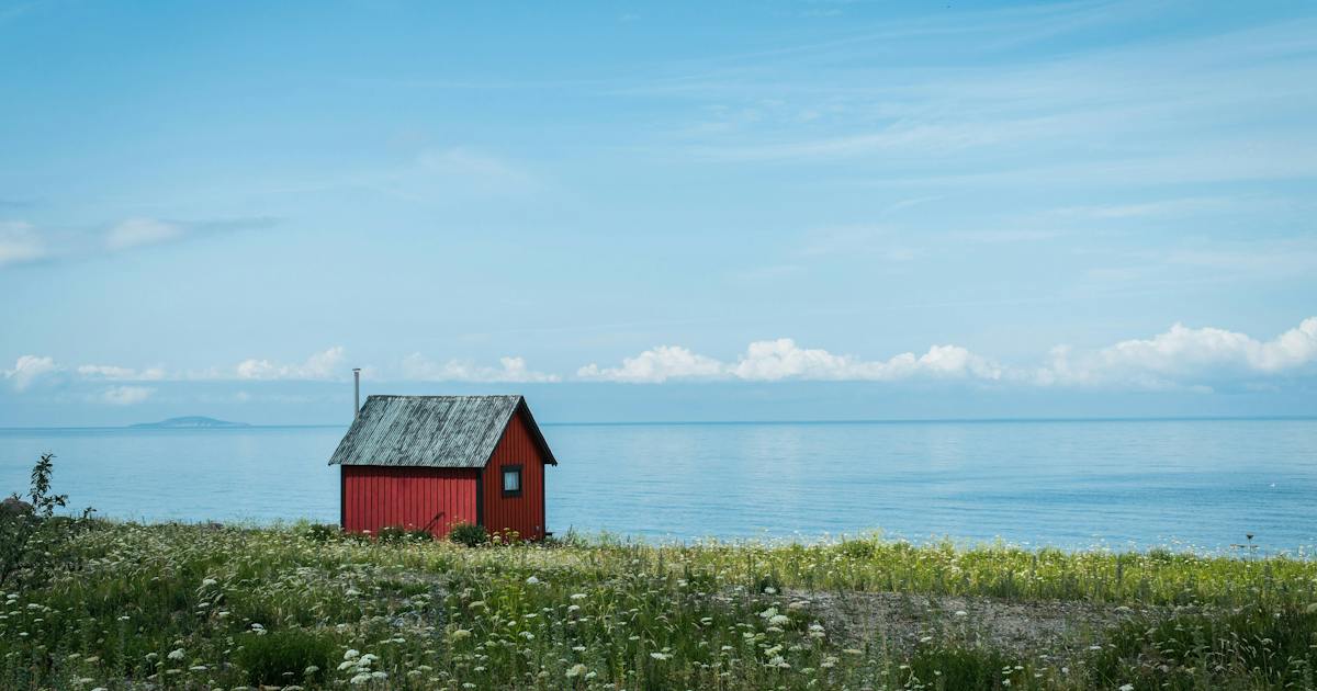 röd stuga vid strand